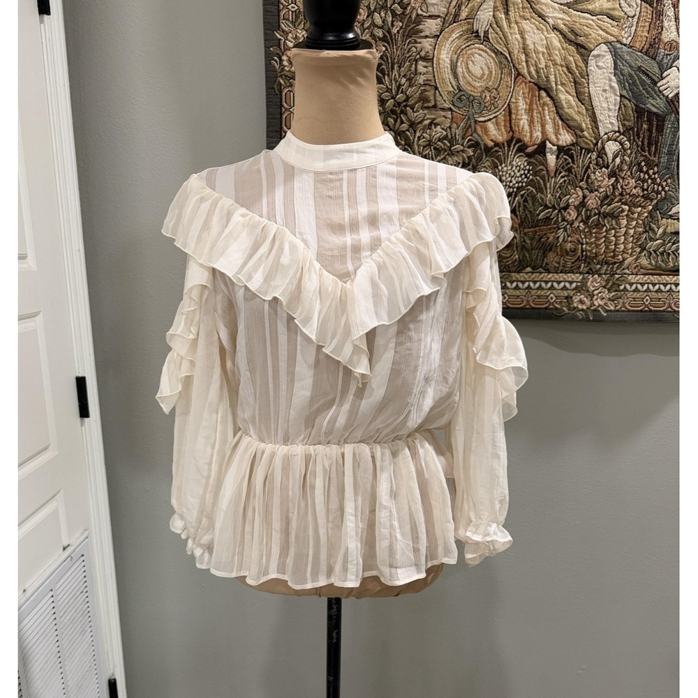 Vero Moda Blouse Womens Small White Sheer Striped Ruffle Peplum High Neck